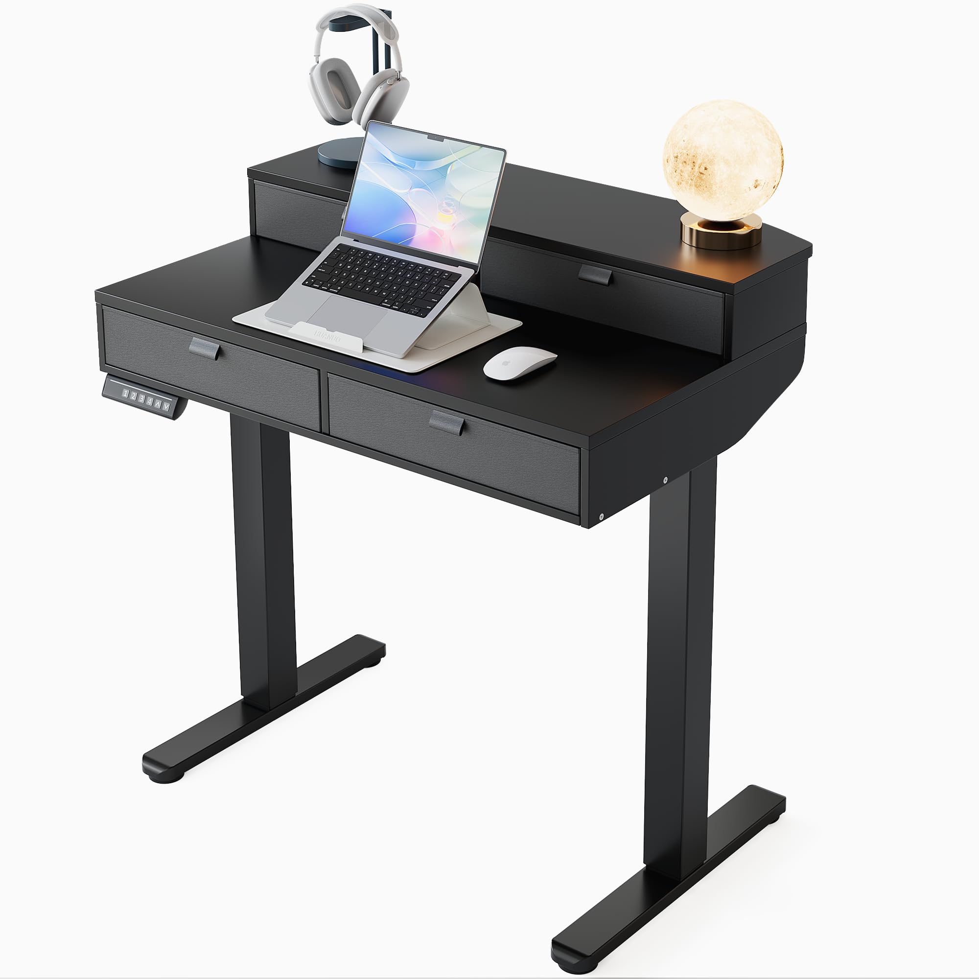 HUANUO 32 x 20 inch Electric Standing Desk with 4 Drawers, Adjustable Height Sit Stand Home Office Desk C-Clamp Mount Compatible, Ergonomic Stand up Desk with 4 Preset Heights, Natural