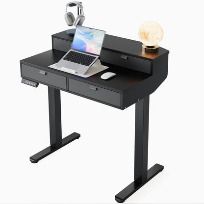 HUANUO 32 x 20 inch Electric Standing Desk with 4 Drawers, Adjustable Height Sit Stand Home Office Desk C-Clamp Mount Compatible, Ergonomic Stand up Desk with 4 Preset Heights, Natural