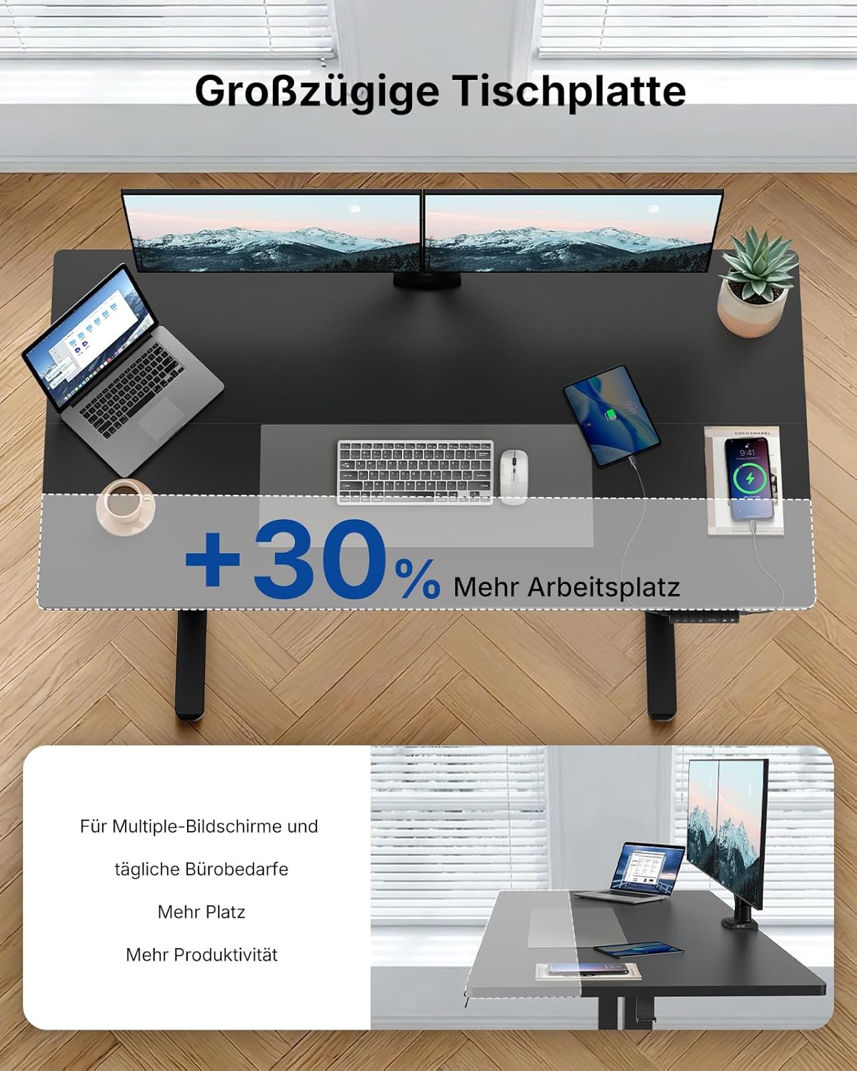 HUANUO Höhenverstellbarer Schreibtisch 120x80cm mit USB-C- & USB-A-Ladeanschluss, Höhenverstellbar von 72-118cm,4 Gedächtnis-Voreinstellungen, Kabelmanagement & Haken