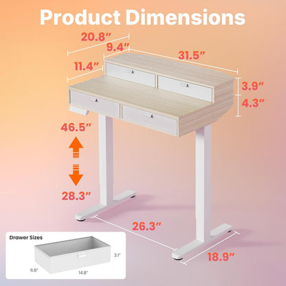 HUANUO 32 x 20 inch Electric Standing Desk with 4 Drawers, Adjustable Height Sit Stand Home Office Desk C-Clamp Mount Compatible, Ergonomic Stand up Desk with 4 Preset Heights, Natural