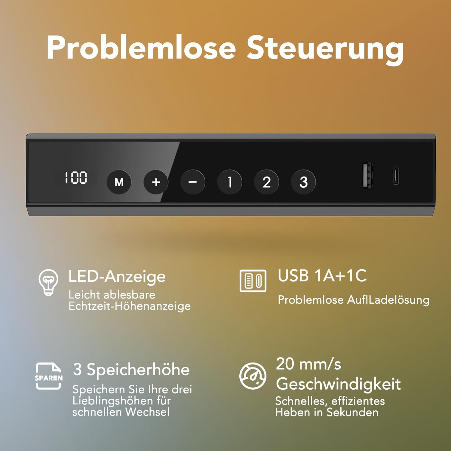 HUANUO 100 x 60 cm Höhenverstellbarer Schreibtisch mit Schublade, Höhenverstellbarer Schreibtisch Ganze Tischplatte, USB-Aufladeanschluss und 3 Memory-Funktion, Walnussholz