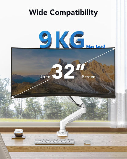 HUANUO Monitor Halterung für 13 bis 32 Zoll Bildschirme, Einzelner Monitorarm Ständer Hält 2~9 kg, Höhenverstellbare mit Neigungen, Schwenken, Dreht, VESA 75 & 100 mm, weiß