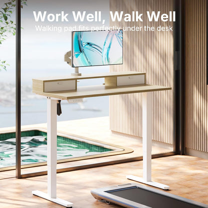 HUANUO 48 x 24 inch Small Electric Standing Desk with 2 Drawers, C-Clamp Mount Compatible, Height Adjustable Sit Stand Desk, Home Office Stand Up Desk with 4 Memory Height Settings, Light Walnut