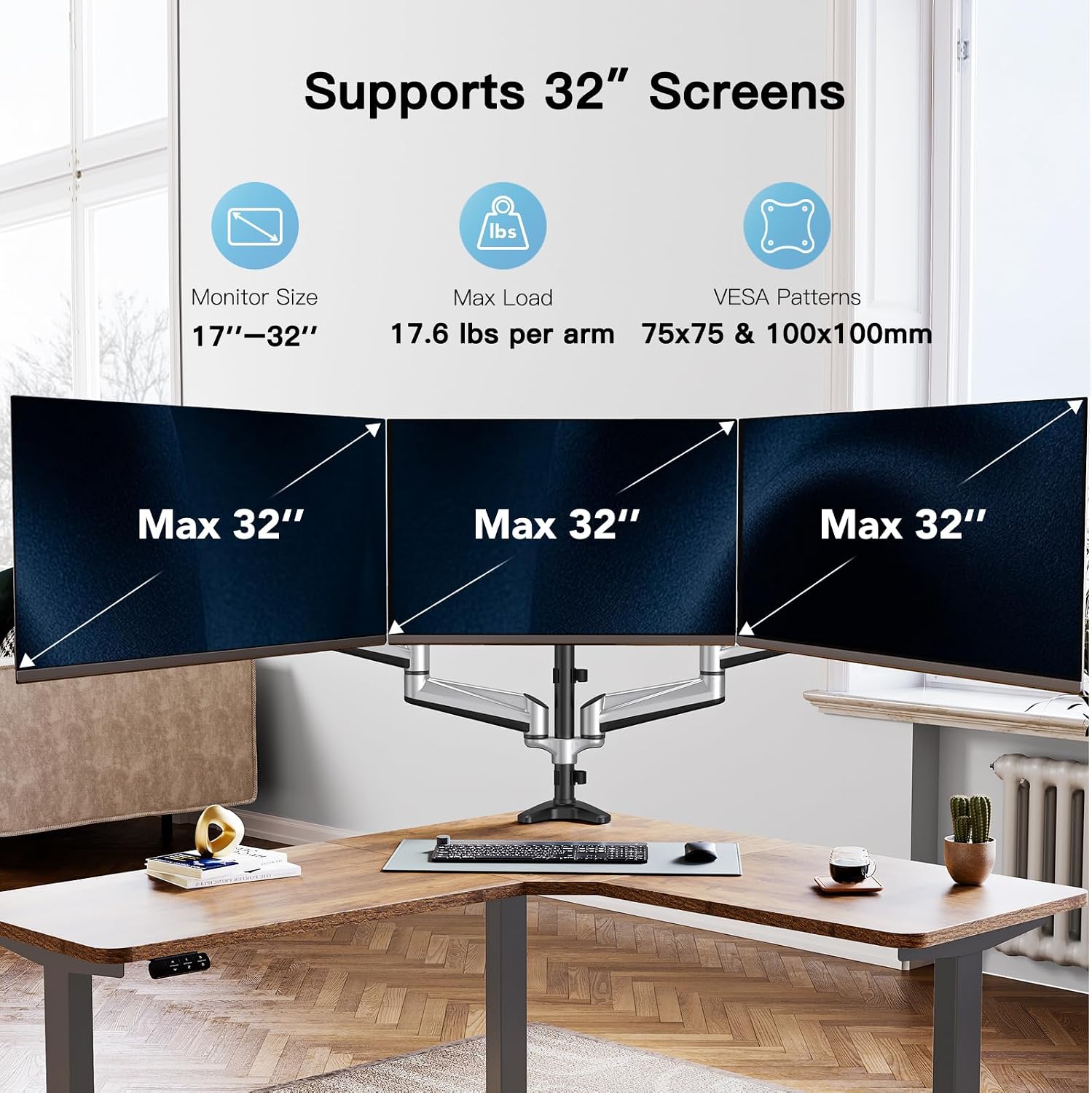 Brazo triple para monitor de 17-32" con ajuste de altura - Plata