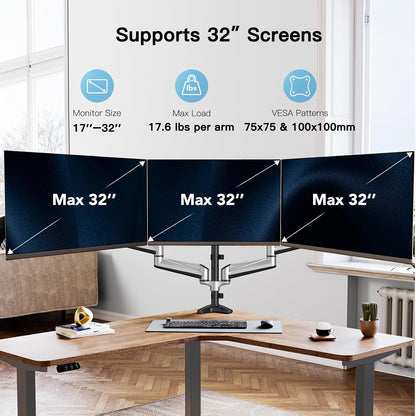 Brazo triple para monitor de 17-32" con ajuste de altura - Plata