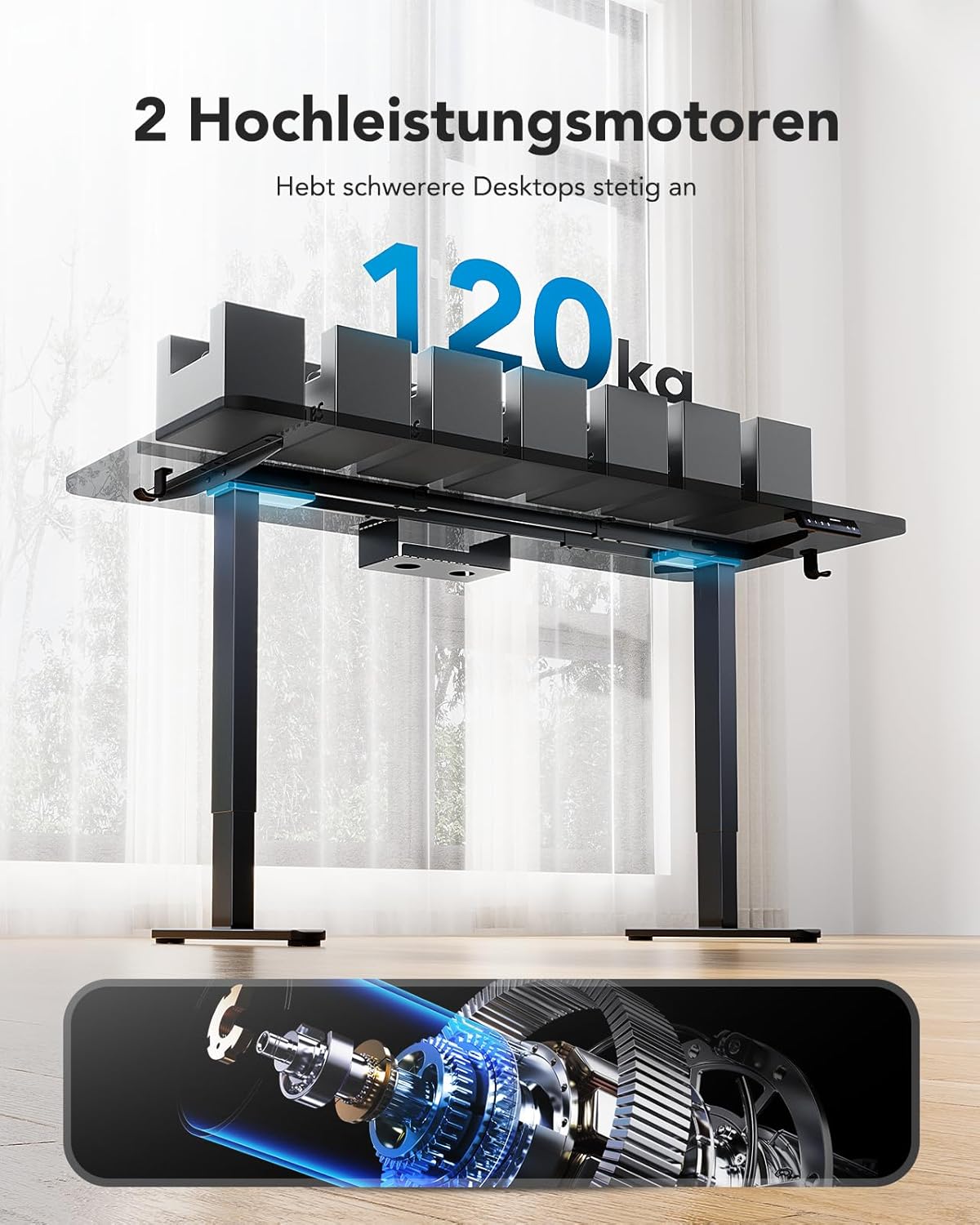 HUANUO Höhenverstellbarer Schreibtisch Gestell mit 2 starken Motoren, T-förmige Schreibtisch Gestell Höhenverstellbar aus Stahl in Automobilklasse,max. 228x80cm,Super Belastung 120KG