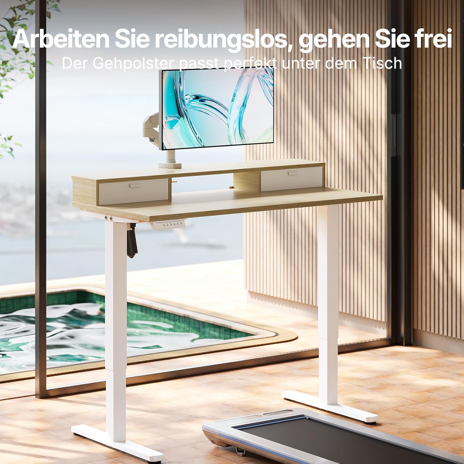 HUANUO Höhenverstellbarer Schreibtisch 120x60 cm mit Schubladen, kompatible C-Klemme-Halterung, Schreibtisch Höhenverstellbar mit 4 Gedächtnis-Höheneintellungen