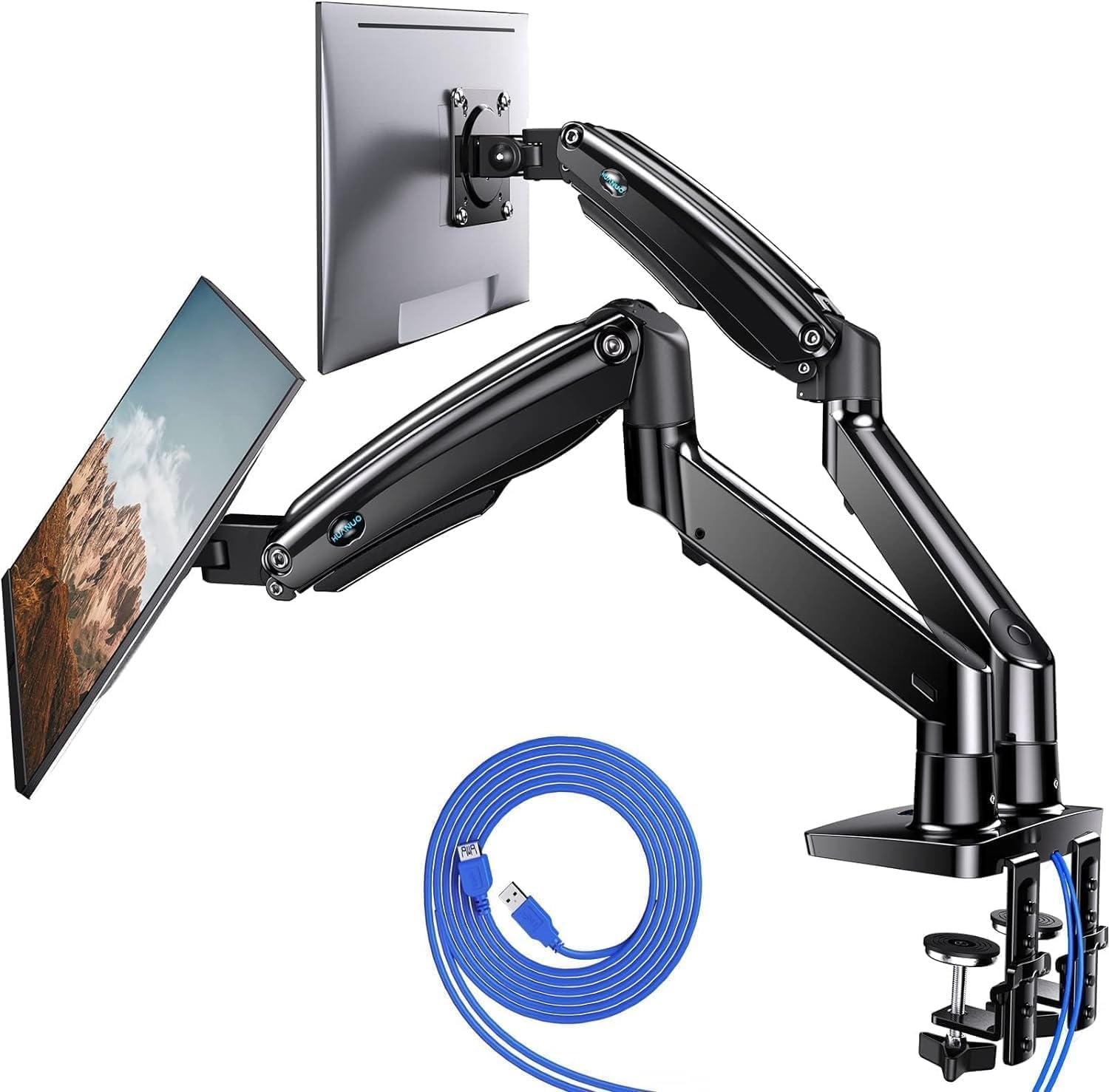 HUANUO Gaming Monitor Halterung 2 Monitore, Stabile Bildschirm Halterung für 13″–40″, Höhenverstellbar & Ergonomisch, mit USB, VESA & C-Klemme/Öse, bis 12 kg pro Arm
