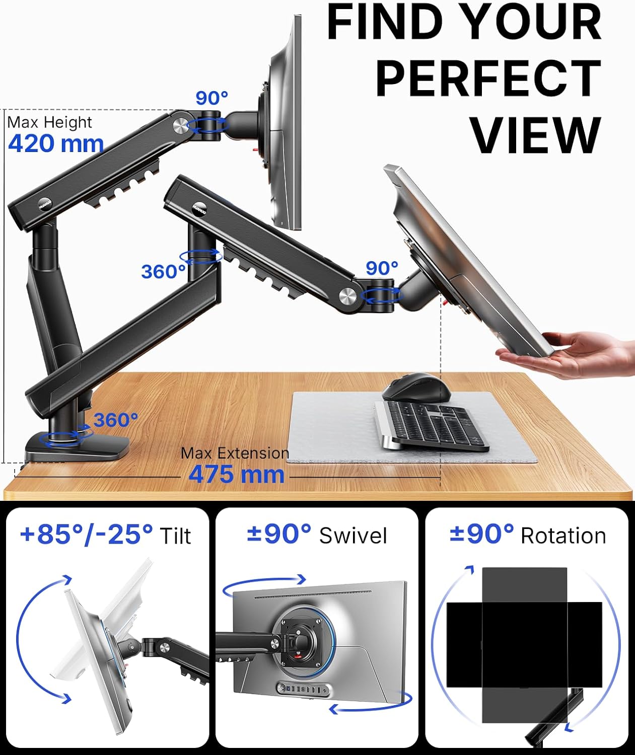 HUANUO Dual Monitor Arm for 13–32" Screens, MechaSpring Double Monitor Stand, FlowLift Pro Adjustable Monitor Mount with Tilt/Swivel/Rotation, Tool-Free VESA Mount, C-Clamp/Grommet Base, Max Load 9kg
