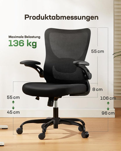 Marsail Bürostuhl Ergonomisch, Schreibtischstuhl mit 3D PU Armlehnen und Verstellbarer Lendenwirbelstütze, Drehstuhl Höhenverstellung und Wippfunktion, schreibtischstuhl aus Mesh, Bis 136kg,5pcs
