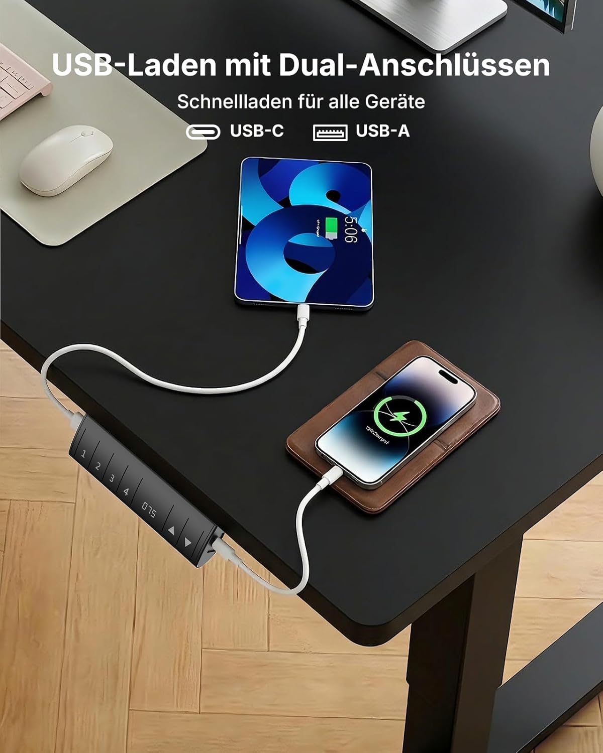 HUANUO Höhenverstellbarer Schreibtisch 120x80cm mit USB-C- & USB-A-Ladeanschluss, Höhenverstellbar von 72-118cm,4 Gedächtnis-Voreinstellungen, Kabelmanagement & Haken