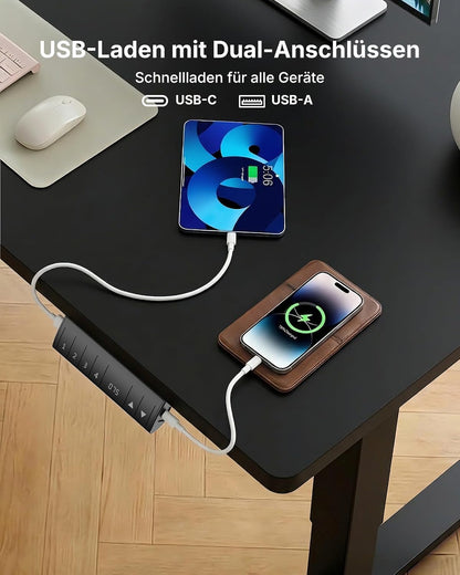 HUANUO Höhenverstellbarer Schreibtisch 120x80cm mit USB-C- & USB-A-Ladeanschluss, Höhenverstellbar von 72-118cm,4 Gedächtnis-Voreinstellungen, Kabelmanagement & Haken