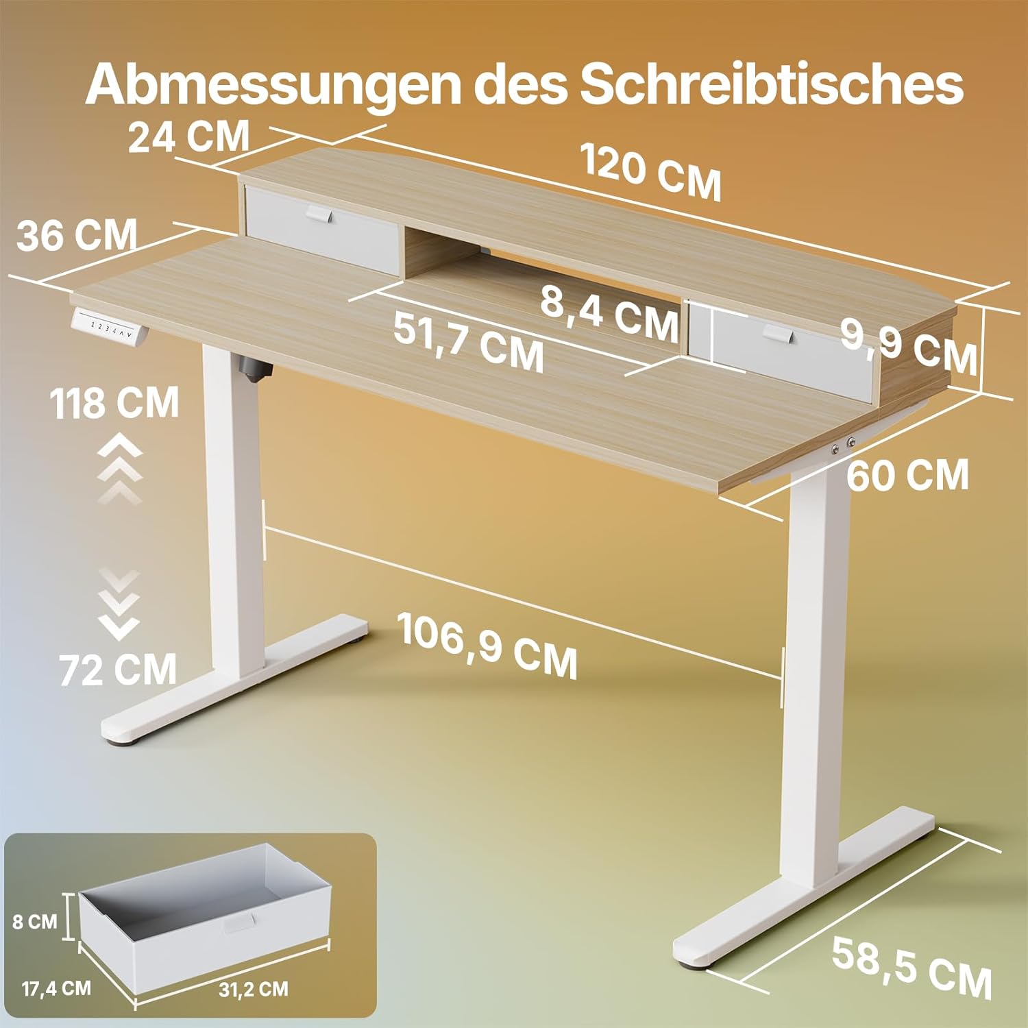 HUANUO Höhenverstellbarer Schreibtisch 120x60 cm mit Schubladen, kompatible C-Klemme-Halterung, Schreibtisch Höhenverstellbar mit 4 Gedächtnis-Höheneintellungen