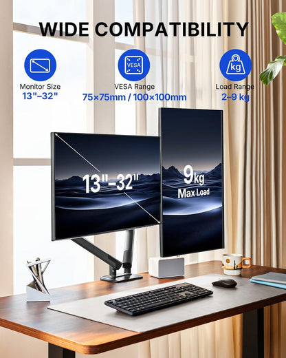 HUANUO Dual Monitor Arm for 13–32" Screens, MechaSpring Double Monitor Stand, FlowLift Pro Adjustable Monitor Mount with Tilt/Swivel/Rotation, Tool-Free VESA Mount, C-Clamp/Grommet Base, Max Load 9kg