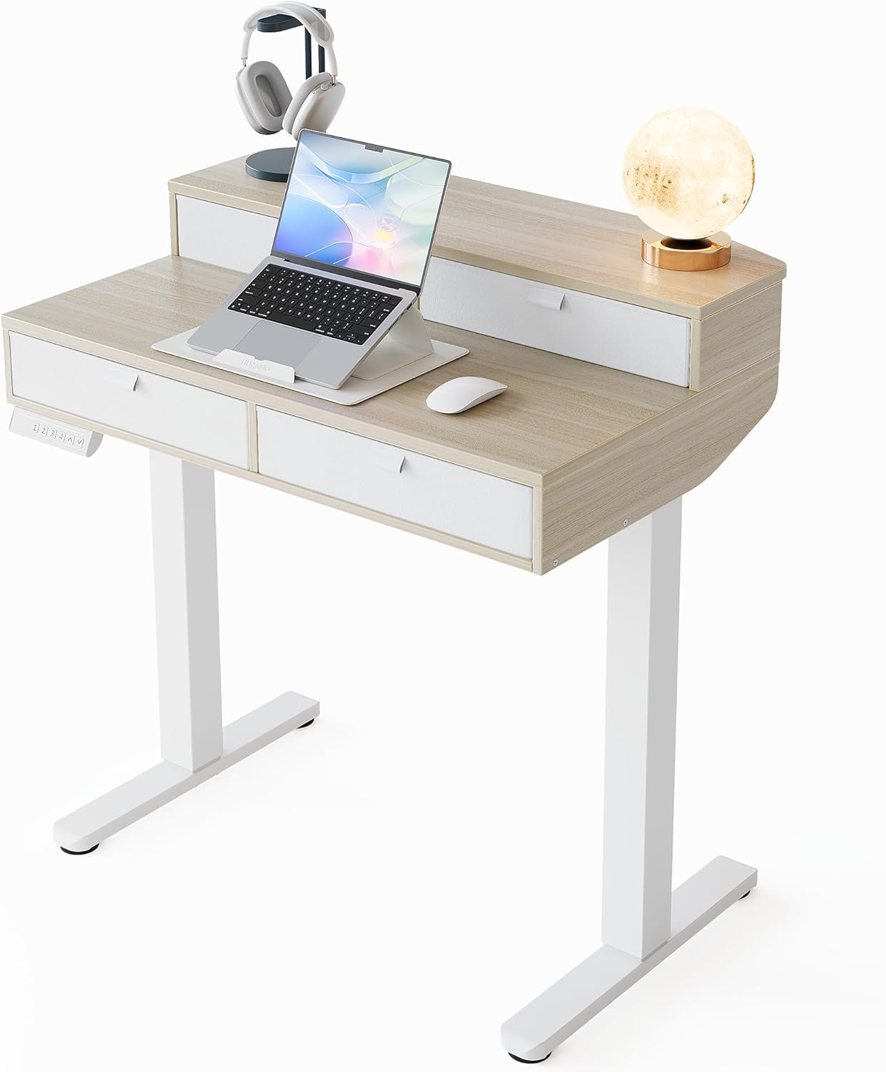 HUANUO 80 x 53 cm Höhenverstellbarer Schreibtisch mit Schubladen, kompatible C-Klemme-Halterung, Schreibtisch Höhenverstellbar mit 4 Gedächtnis-Höheneintellungen