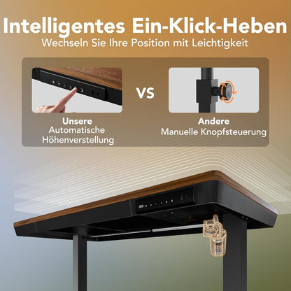 HUANUO 100 x 60 cm Höhenverstellbarer Schreibtisch mit Schublade, Höhenverstellbarer Schreibtisch Ganze Tischplatte, USB-Aufladeanschluss und 3 Memory-Funktion, Walnussholz