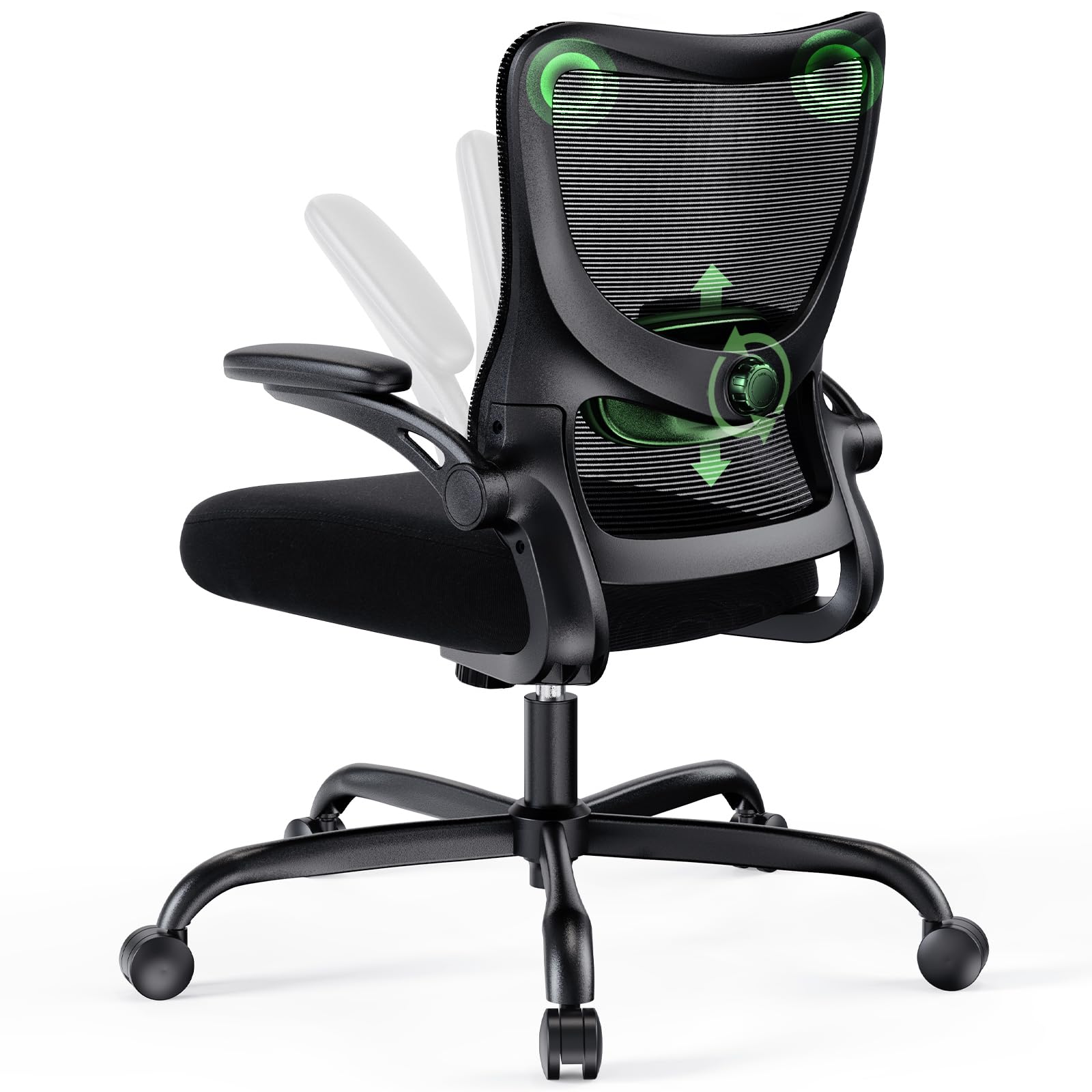 Marsail Bürostuhl Ergonomisch, Schreibtischstuhl mit 3D PU Armlehnen und Verstellbarer Lendenwirbelstütze, Drehstuhl Höhenverstellung und Wippfunktion, schreibtischstuhl aus Mesh, Bis 136kg,5pcs