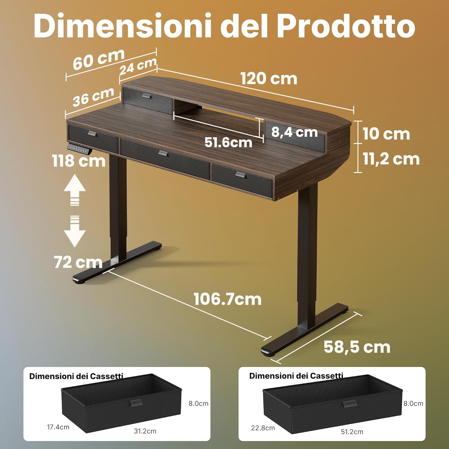HUANUO 120 x 60 cm Scrivania con Cassetti, Compatibile Supporto a Morsetto a C, Scrivania Regolabile in Altezza, Scrivania Stand Up Ufficio Domestico 4 Altezza
