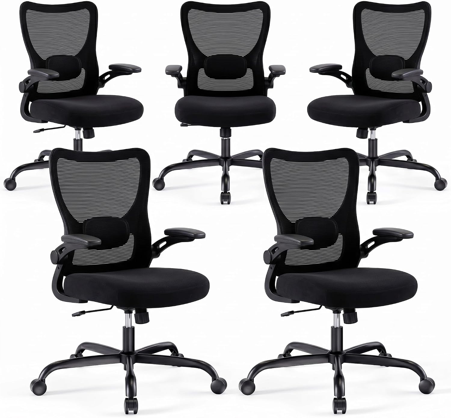Marsail Bürostuhl Ergonomisch, Schreibtischstuhl mit 3D PU Armlehnen und Verstellbarer Lendenwirbelstütze, Drehstuhl Höhenverstellung und Wippfunktion, schreibtischstuhl aus Mesh, Bis 136kg,5pcs