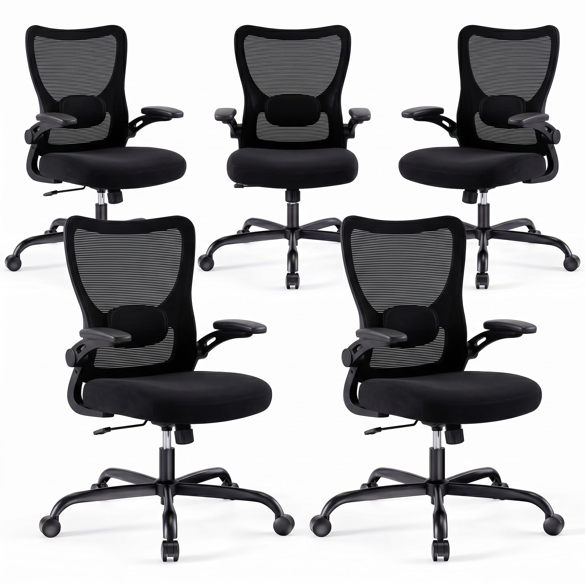 Marsail Bürostuhl Ergonomisch, Schreibtischstuhl mit 3D PU Armlehnen und Verstellbarer Lendenwirbelstütze, Drehstuhl Höhenverstellung und Wippfunktion, schreibtischstuhl aus Mesh, Bis 136kg,6pcs