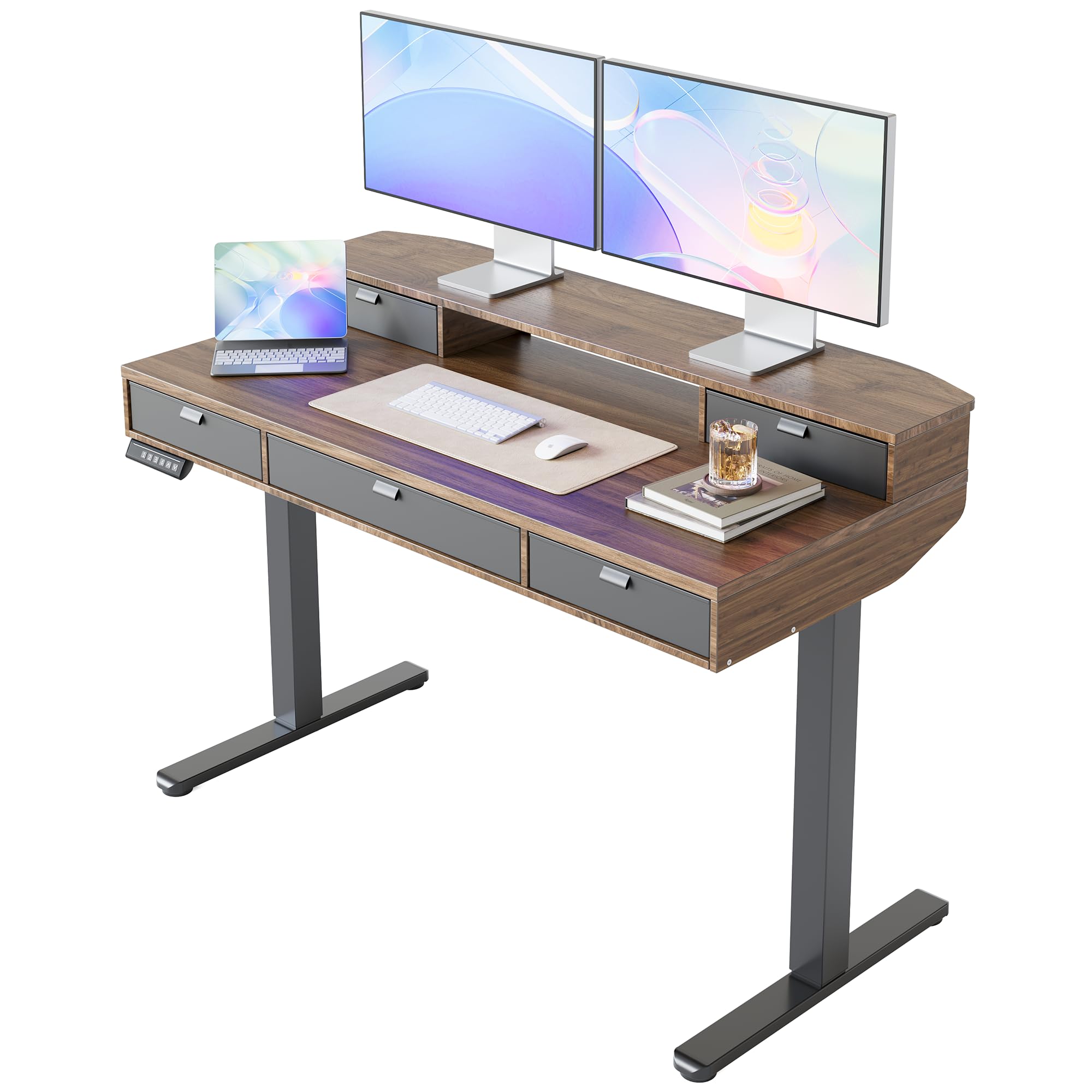 HUANUO 32 x 20 inch Electric Standing Desk with 4 Drawers, Adjustable Height Sit Stand Home Office Desk C-Clamp Mount Compatible, Ergonomic Stand up Desk with 4 Preset Heights, Natural