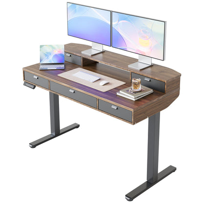 HUANUO 32 x 20 inch Electric Standing Desk with 4 Drawers, Adjustable Height Sit Stand Home Office Desk C-Clamp Mount Compatible, Ergonomic Stand up Desk with 4 Preset Heights, Natural