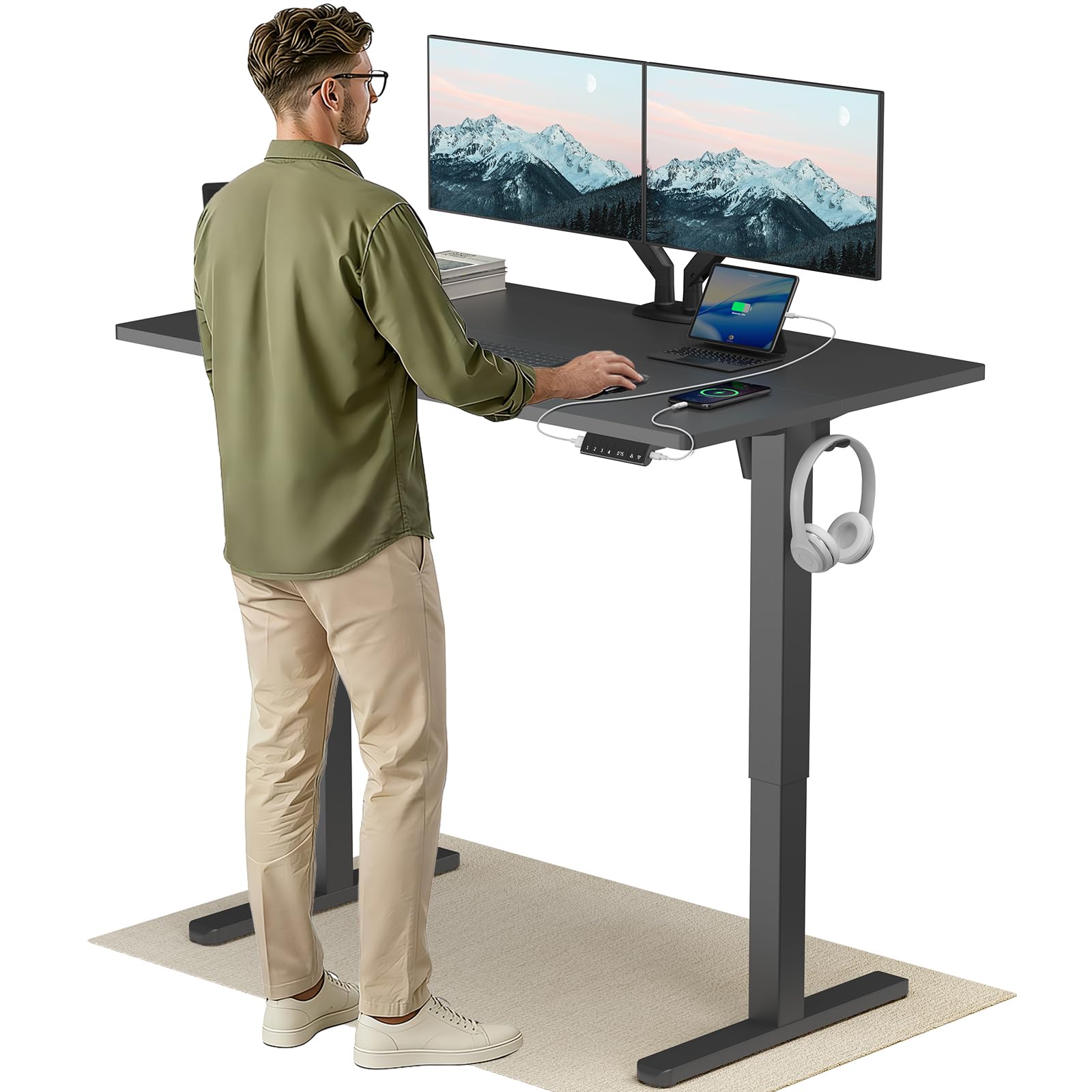 HUANUO Höhenverstellbarer Schreibtisch 120x80cm mit USB-C- & USB-A-Ladeanschluss, Höhenverstellbar von 72-118cm,4 Gedächtnis-Voreinstellungen, Kabelmanagement & Haken