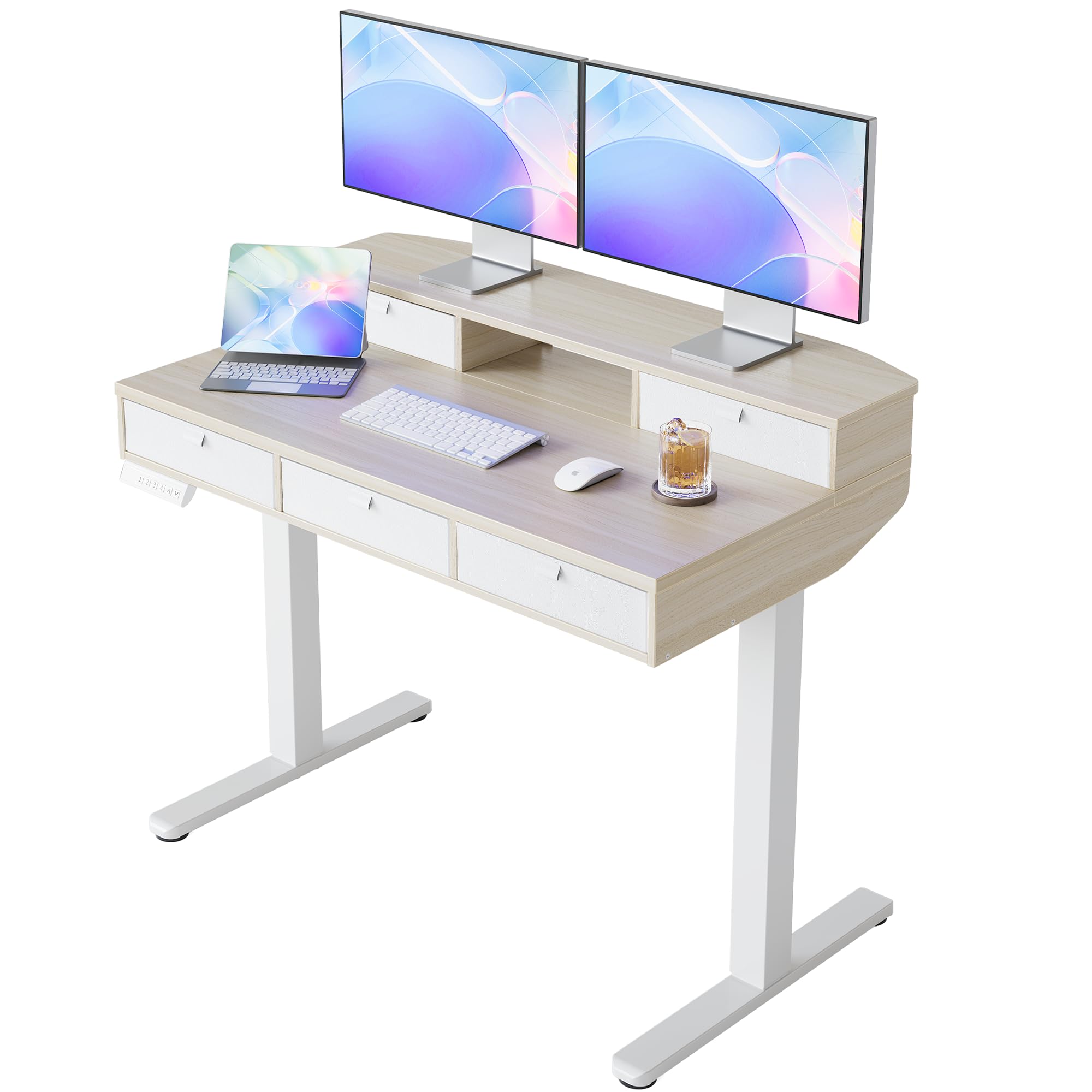 HUANUO 32 x 20 inch Electric Standing Desk with 4 Drawers, Adjustable Height Sit Stand Home Office Desk C-Clamp Mount Compatible, Ergonomic Stand up Desk with 4 Preset Heights, Natural