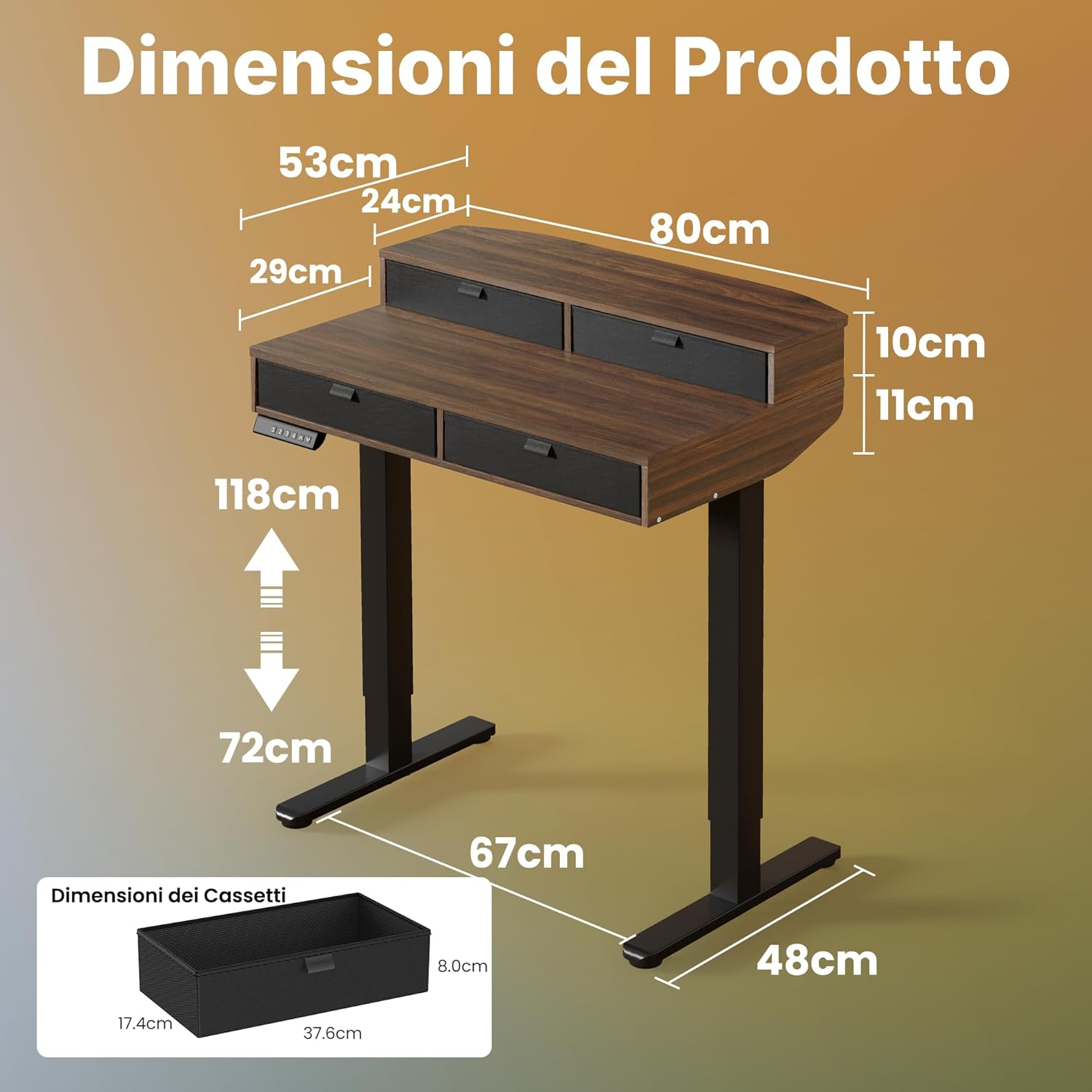 HUANUO 80 x 53 cm Piccola Scrivania con Cassetti, Compatibile Supporto a Morsetto a C, Scrivania Regolabile in Altezza, Scrivania Stand Up Ufficio Domestico 4 Altezza