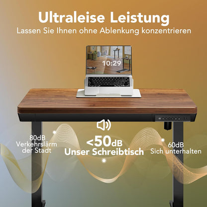 HUANUO 100 x 60 cm Höhenverstellbarer Schreibtisch mit Schublade, Höhenverstellbarer Schreibtisch Ganze Tischplatte, USB-Aufladeanschluss und 3 Memory-Funktion, Walnussholz