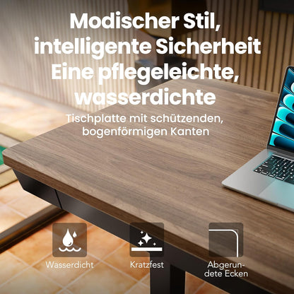 HUANUO 100 x 60 cm Höhenverstellbarer Schreibtisch mit Schublade, Höhenverstellbarer Schreibtisch Ganze Tischplatte, USB-Aufladeanschluss und 3 Memory-Funktion, Walnussholz