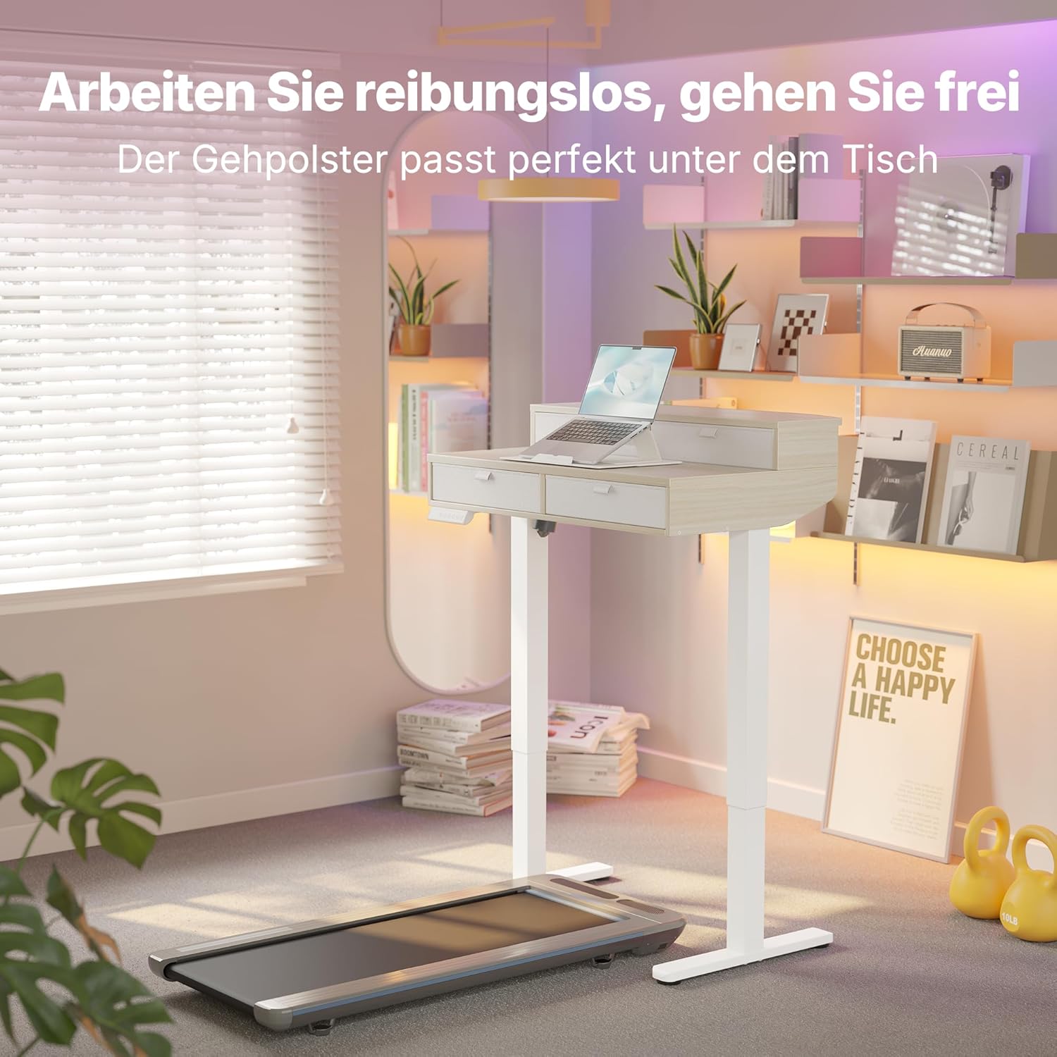 HUANUO 80 x 53 cm Höhenverstellbarer Schreibtisch mit Schubladen, kompatible C-Klemme-Halterung, Schreibtisch Höhenverstellbar mit 4 Gedächtnis-Höheneintellungen