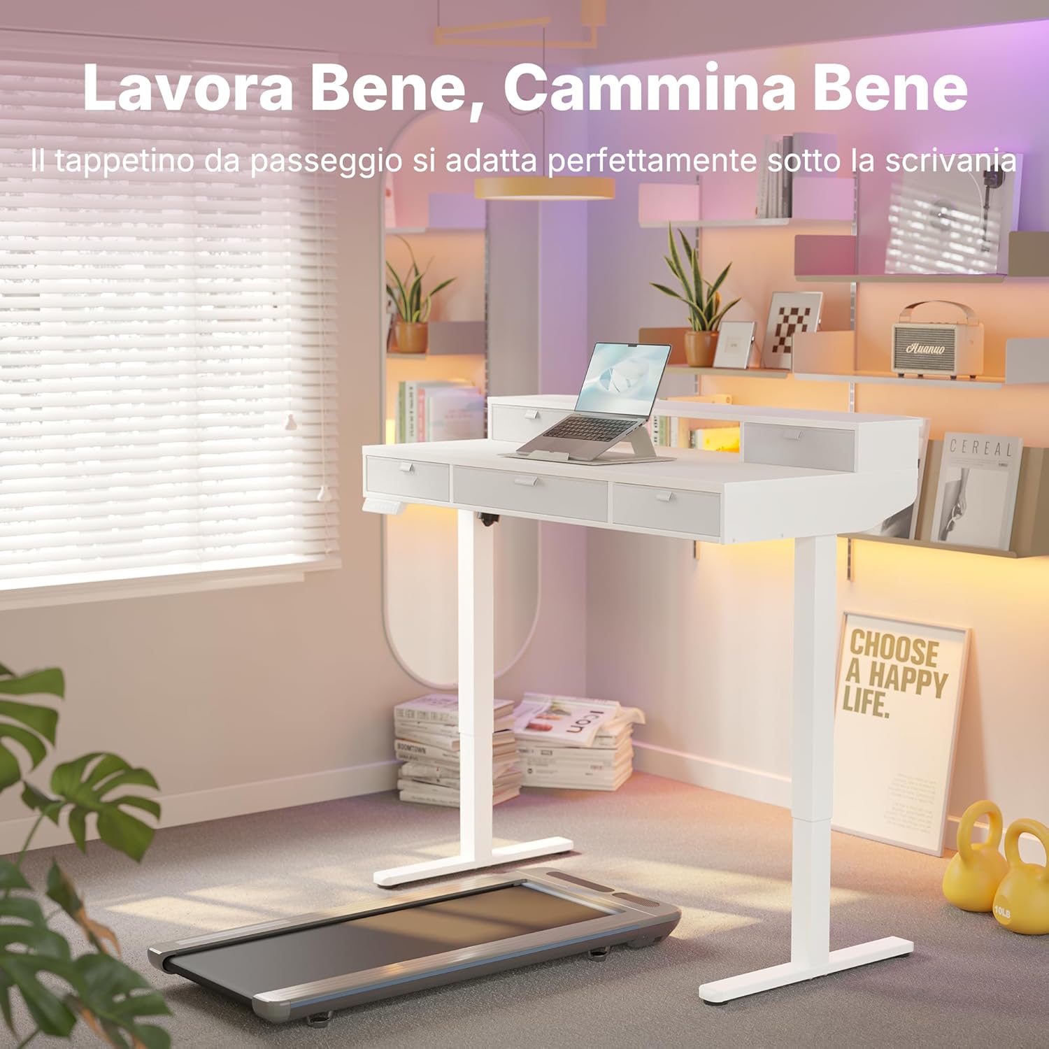 HUANUO 120 x 60 cm Scrivania con Cassetti, Compatibile Supporto a Morsetto a C, Scrivania Regolabile in Altezza, Scrivania Stand Up Ufficio Domestico 4 Altezza