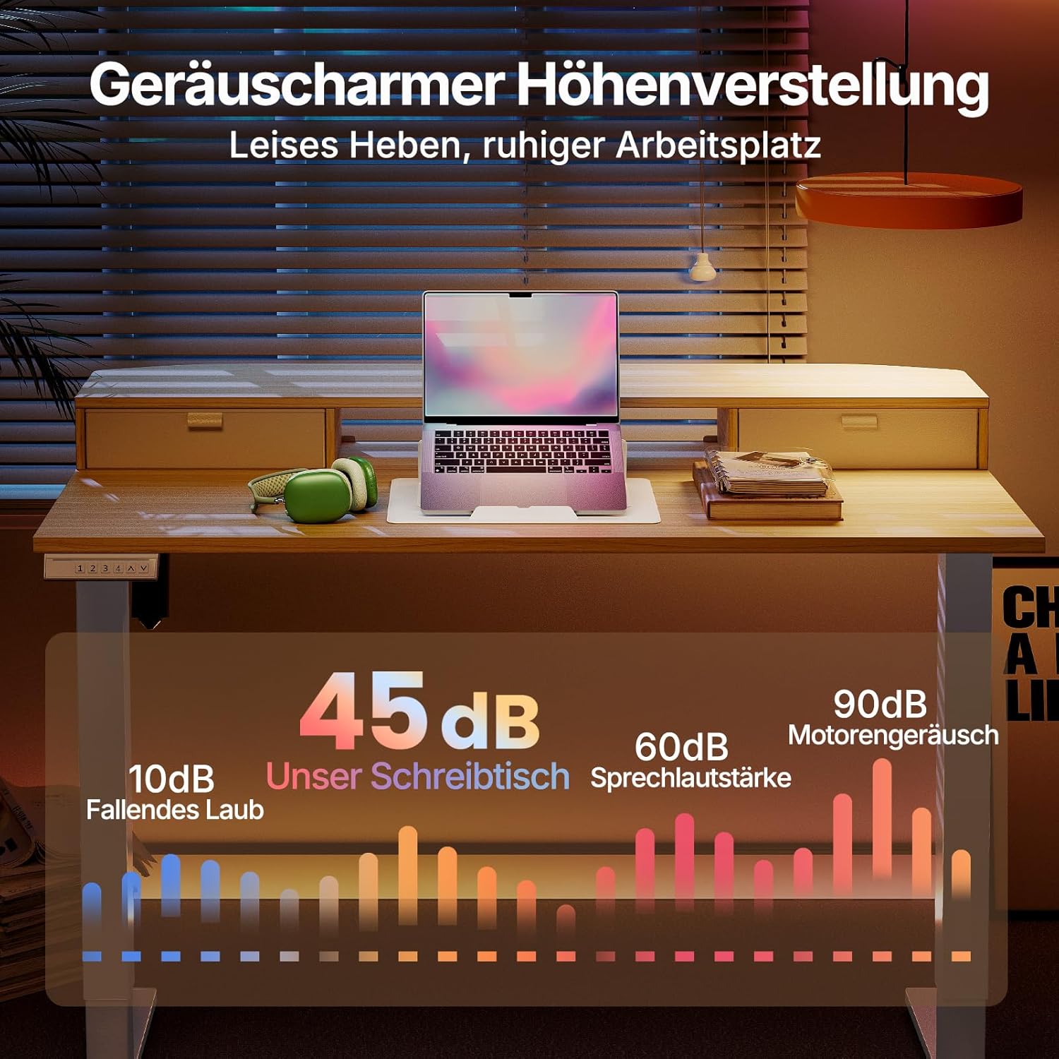 HUANUO Höhenverstellbarer Schreibtisch 120x60 cm mit Schubladen, kompatible C-Klemme-Halterung, Schreibtisch Höhenverstellbar mit 4 Gedächtnis-Höheneintellungen