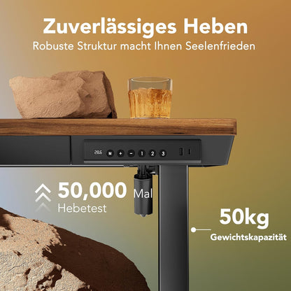 HUANUO 100 x 60 cm Höhenverstellbarer Schreibtisch mit Schublade, Höhenverstellbarer Schreibtisch Ganze Tischplatte, USB-Aufladeanschluss und 3 Memory-Funktion, Walnussholz