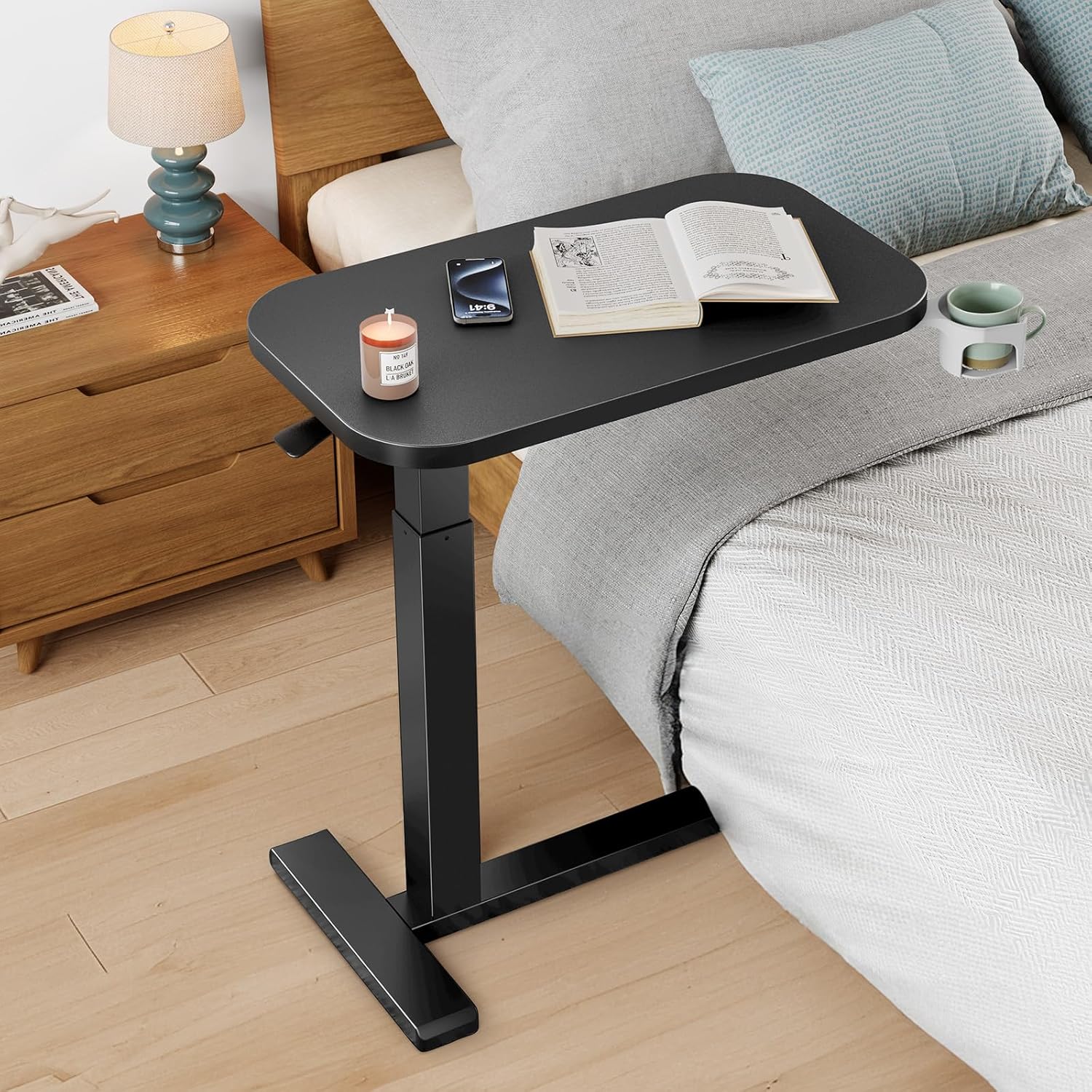 HUANUO 28Inch Bedside Table with Wheels, Height-Adjustable Rolling Computer Cart, Overbed Table with Cup Holder, Pneumatic Laptop Standing Desk for Home Office, Black