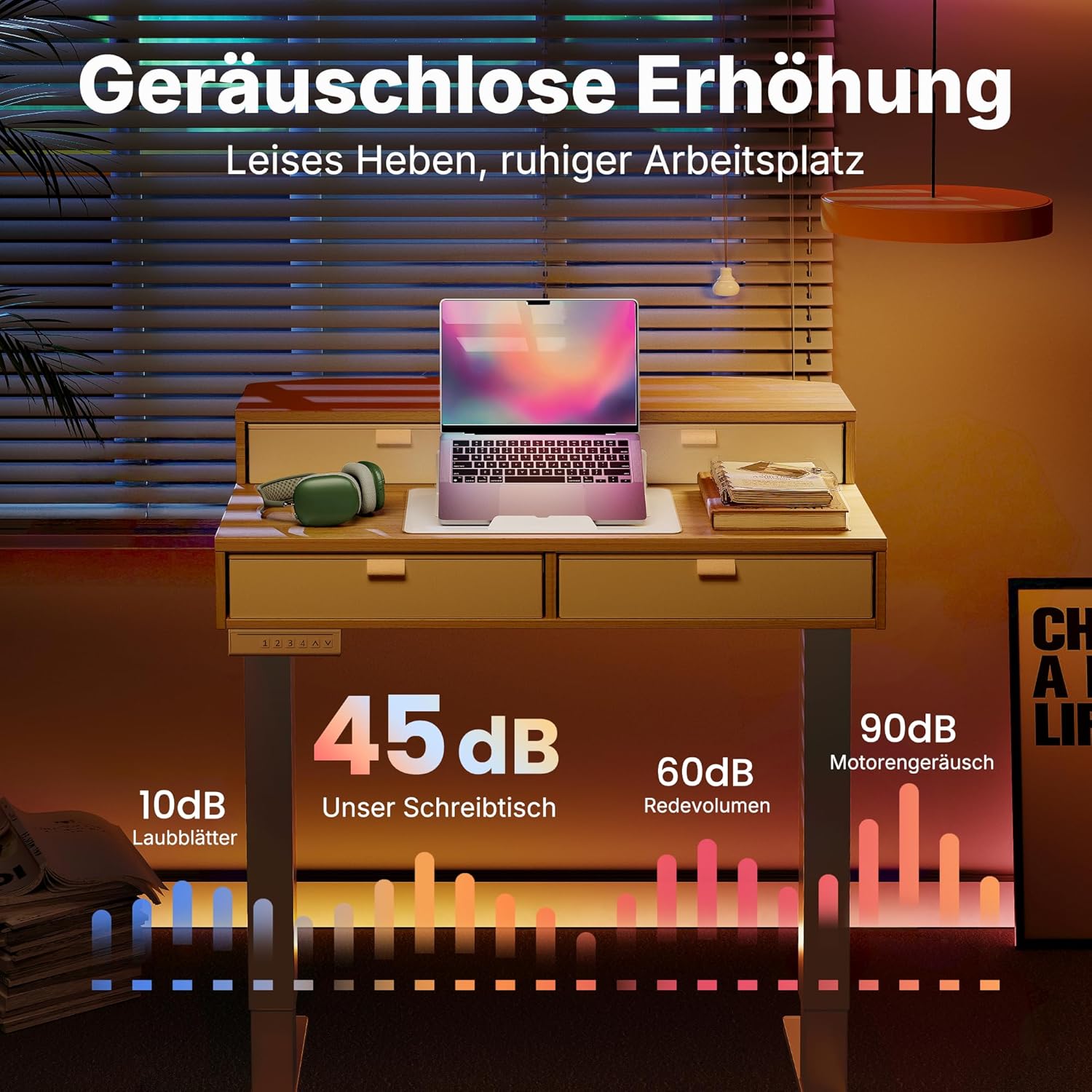 HUANUO 80 x 53 cm Höhenverstellbarer Schreibtisch mit Schubladen, kompatible C-Klemme-Halterung, Schreibtisch Höhenverstellbar mit 4 Gedächtnis-Höheneintellungen
