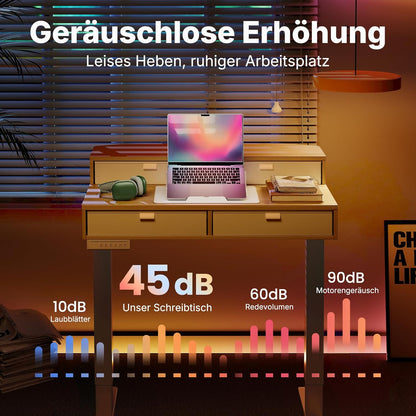 HUANUO 80 x 53 cm Höhenverstellbarer Schreibtisch mit Schubladen, kompatible C-Klemme-Halterung, Schreibtisch Höhenverstellbar mit 4 Gedächtnis-Höheneintellungen