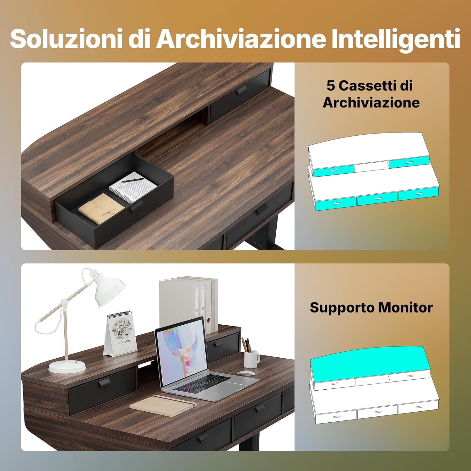 HUANUO 120 x 60 cm Scrivania con Cassetti, Compatibile Supporto a Morsetto a C, Scrivania Regolabile in Altezza, Scrivania Stand Up Ufficio Domestico 4 Altezza