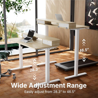 HUANUO 48 x 24 inch Small Electric Standing Desk with 2 Drawers, C-Clamp Mount Compatible, Height Adjustable Sit Stand Desk, Home Office Stand Up Desk with 4 Memory Height Settings, Light Walnut