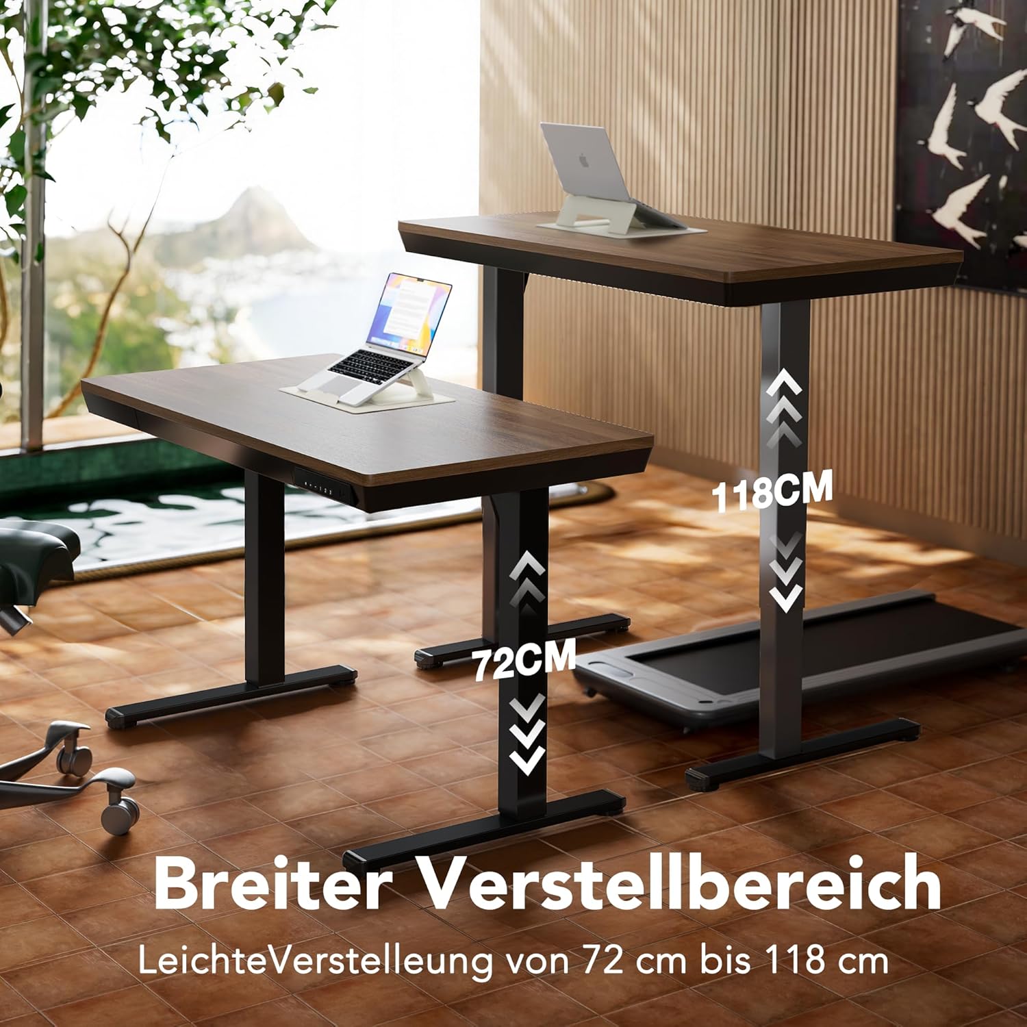 HUANUO 100 x 60 cm Höhenverstellbarer Schreibtisch mit Schublade, Höhenverstellbarer Schreibtisch Ganze Tischplatte, USB-Aufladeanschluss und 3 Memory-Funktion, Walnussholz