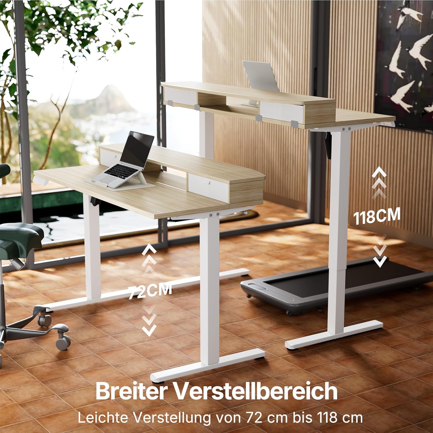 HUANUO Höhenverstellbarer Schreibtisch 120x60 cm mit Schubladen, kompatible C-Klemme-Halterung, Schreibtisch Höhenverstellbar mit 4 Gedächtnis-Höheneintellungen