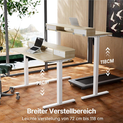 HUANUO Höhenverstellbarer Schreibtisch 120x60 cm mit Schubladen, kompatible C-Klemme-Halterung, Schreibtisch Höhenverstellbar mit 4 Gedächtnis-Höheneintellungen