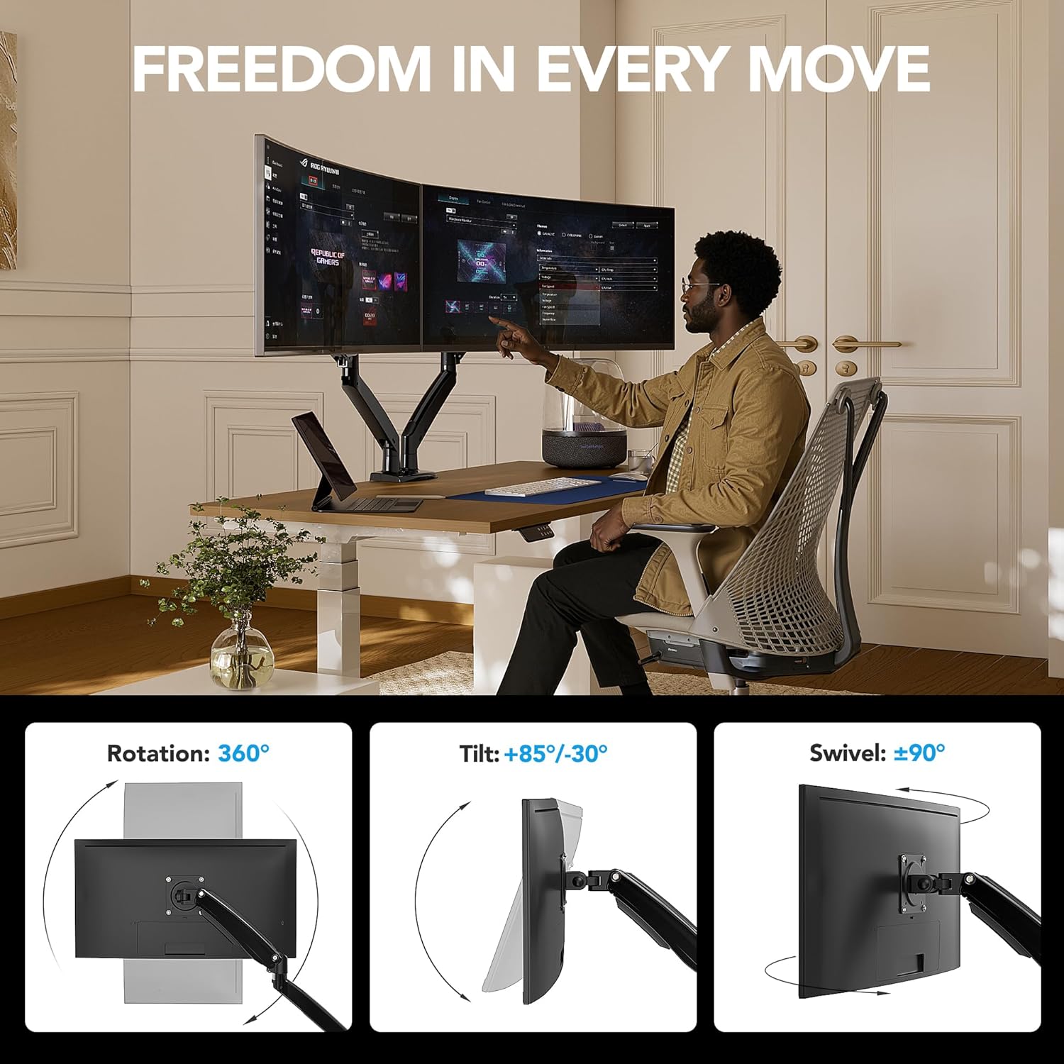 HUANUO Gaming Monitor Halterung 2 Monitore, Stabile Bildschirm Halterung für 13″–40″, Höhenverstellbar & Ergonomisch, mit USB, VESA & C-Klemme/Öse, bis 12 kg pro Arm
