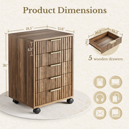 Fluted 5 - Drawer Mobile Cabinet - Fluted - Natural Oak